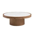 Sintered Stone Round Coffee Table with Walnut Pedestal Base - Elirian