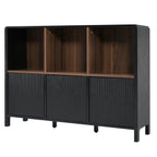 Black Fluted 3-Door Storage Cabinet with Open Display Shelves - Elirian