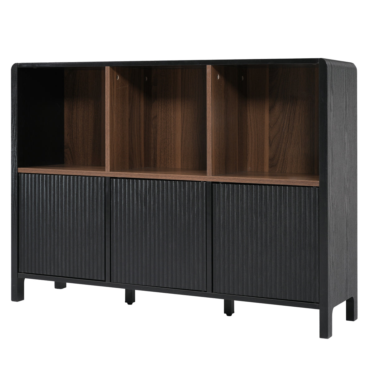 Black Fluted 3-Door Storage Cabinet with Open Display Shelves - Elirian