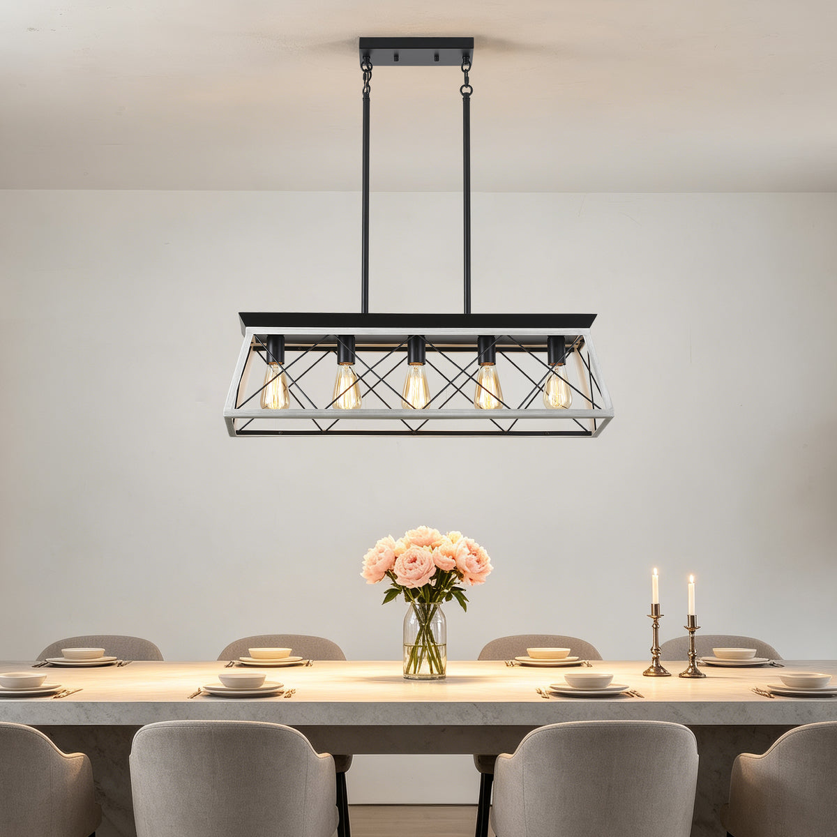 5-Light White Farmhouse Linear Chandelier for Dining Room and Kitchen Island - Elirian