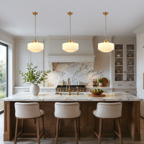 Vintage Milk Glass Pendant Light with Brass Finish - elegant cream ribbed shade suspended by delicate chain - Elirian