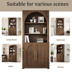 Walnut Arched Bookcase with Storage Cabinet and Open Display Shelves - Elirian