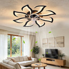 Black flower flush mount ceiling fan with dimmable LED light, modern living room - Elirian
