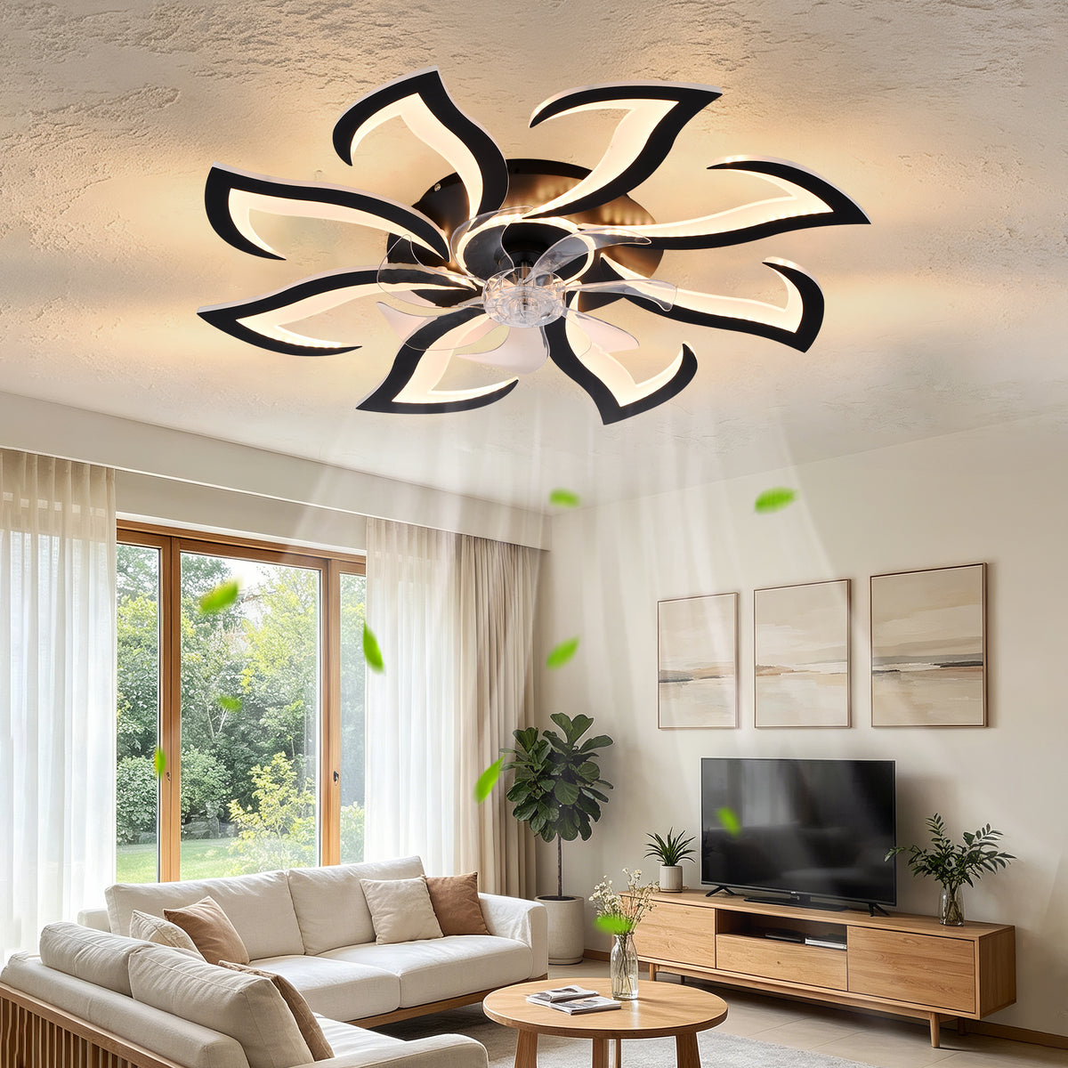 Black flower flush mount ceiling fan with dimmable LED light, modern living room - Elirian
