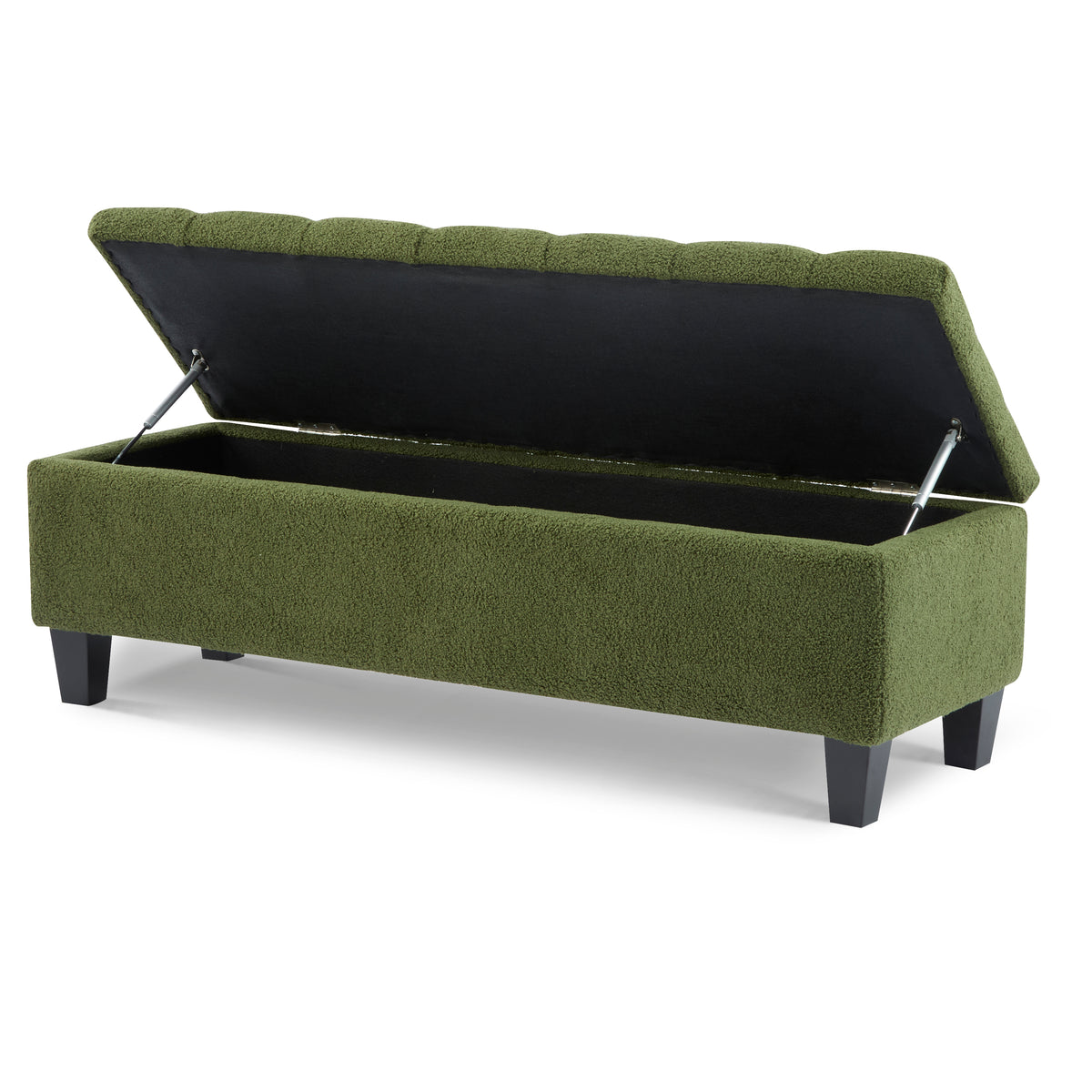 Green Bouclé Storage Ottoman Bench with Rubber Wood Legs - Elirian