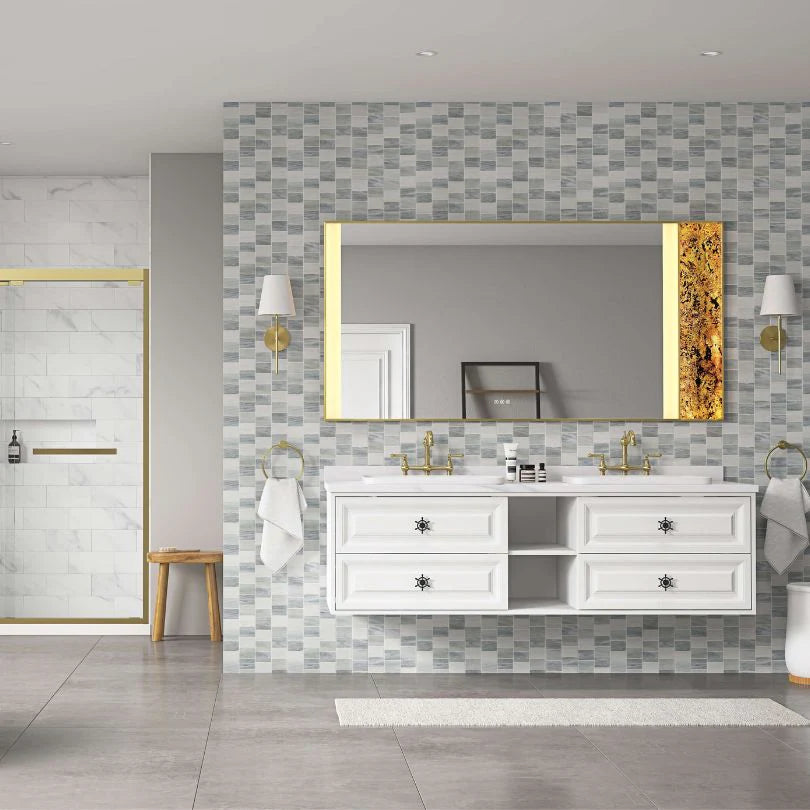 Wall-Mount Gold LED Vanity Mirror with Natural Stone Detail