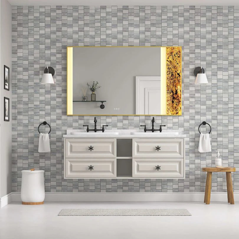Wall-Mount Gold LED Vanity Mirror with Natural Stone Detail