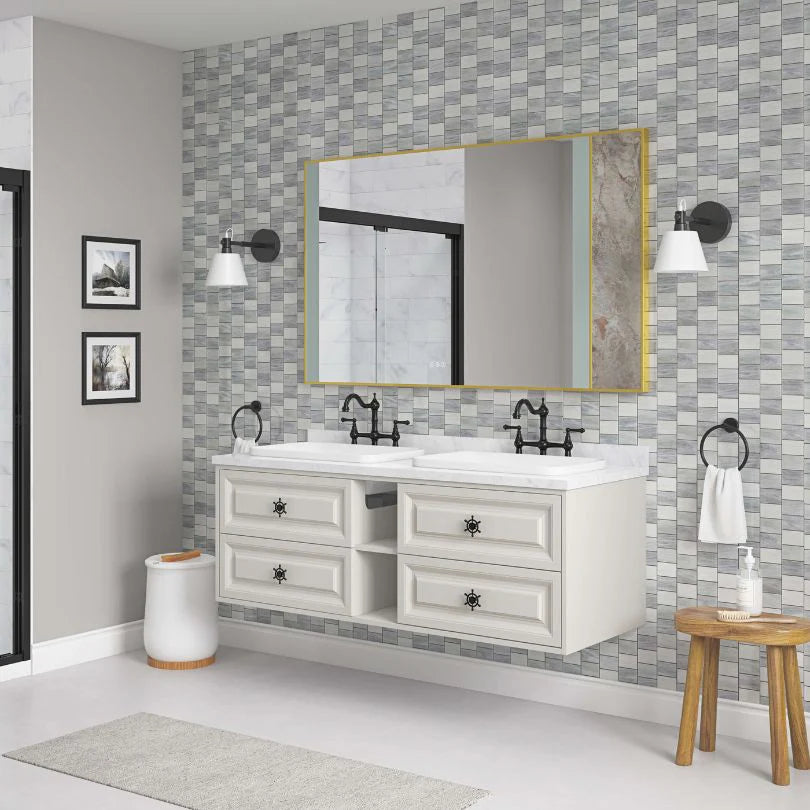 Wall-Mount Gold LED Vanity Mirror with Natural Stone Detail