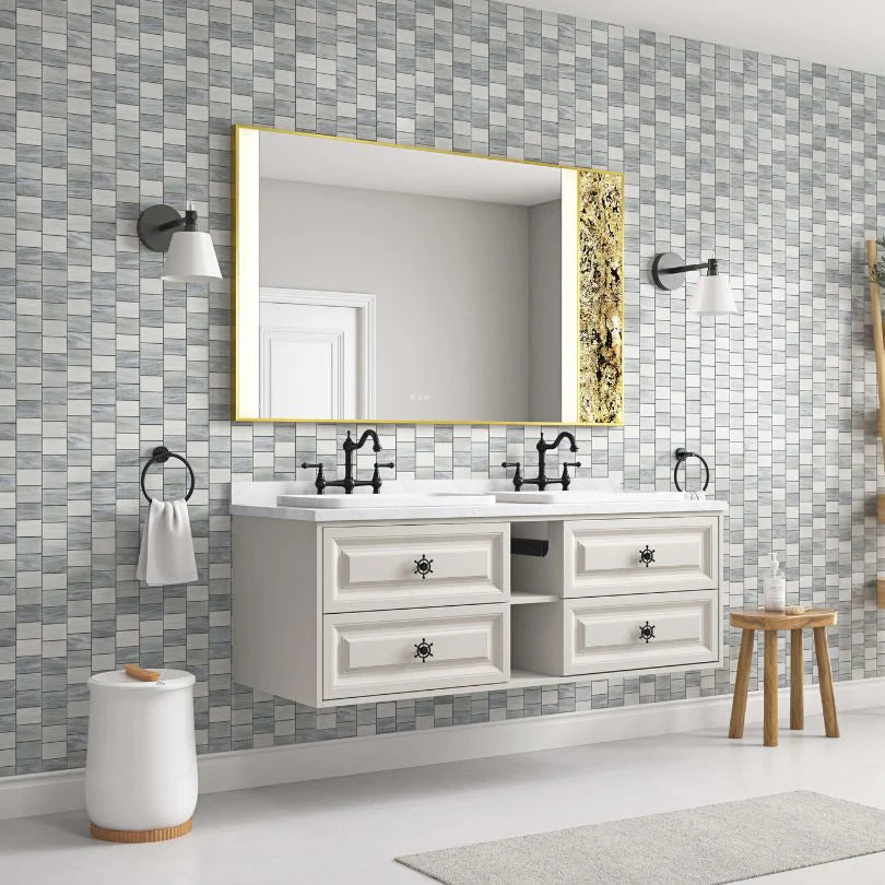 Wall-Mount Gold LED Vanity Mirror with Natural Stone Detail