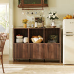 Walnut Fluted 3-Door Storage Cabinet with Open Display Shelves - Elirian
