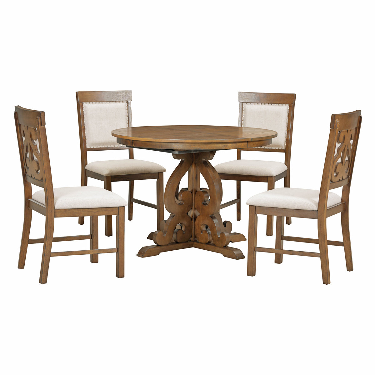 Retro Extendable Dining Set with 4 Upholstered Chairs, Walnut - Elirian