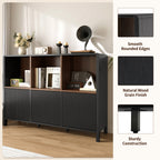 Black Fluted 3-Door Storage Cabinet with Open Display Shelves - Elirian