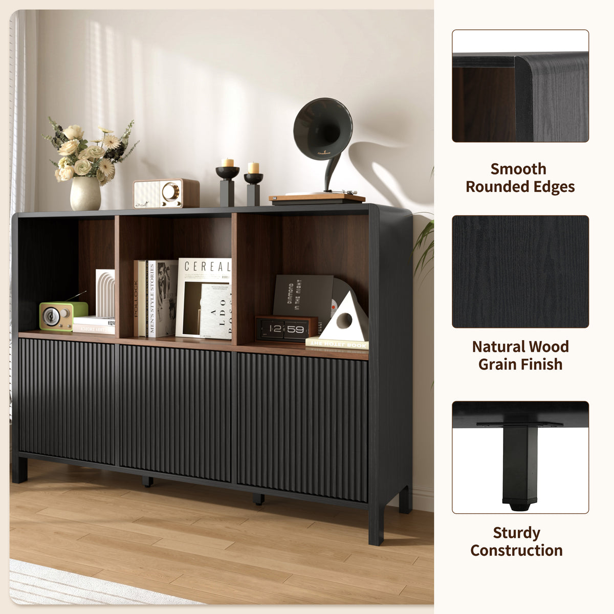 Black Fluted 3-Door Storage Cabinet with Open Display Shelves - Elirian