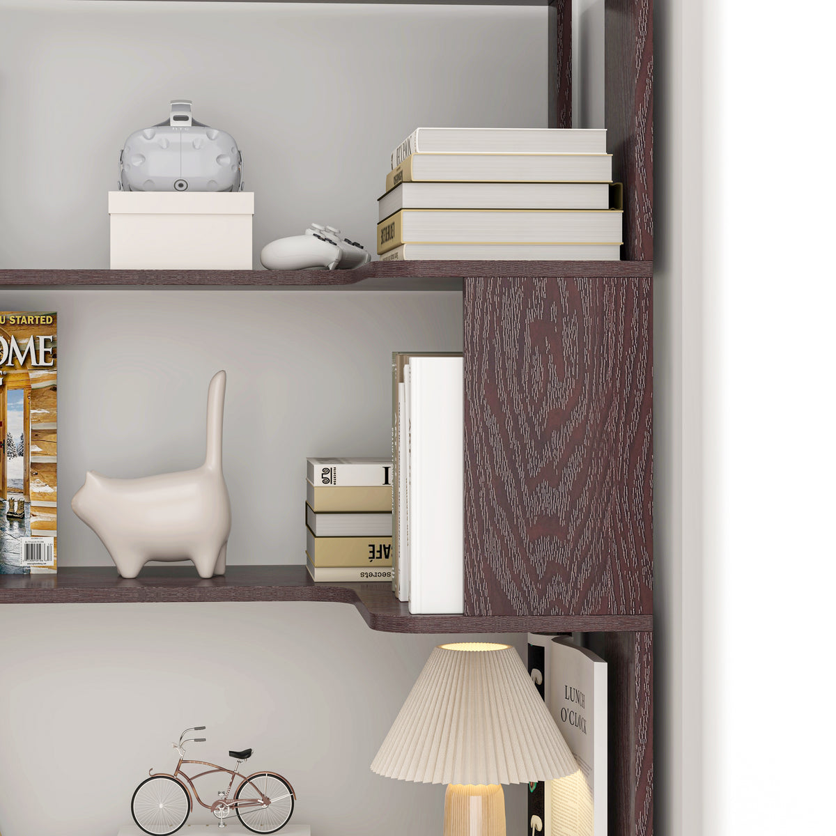 Freestanding Corner Bookshelf in Ox Blood Red with Open Display Shelves - Elirian