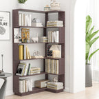 Freestanding corner bookshelf with open display shelves in ox blood red wood finish - Elirian
