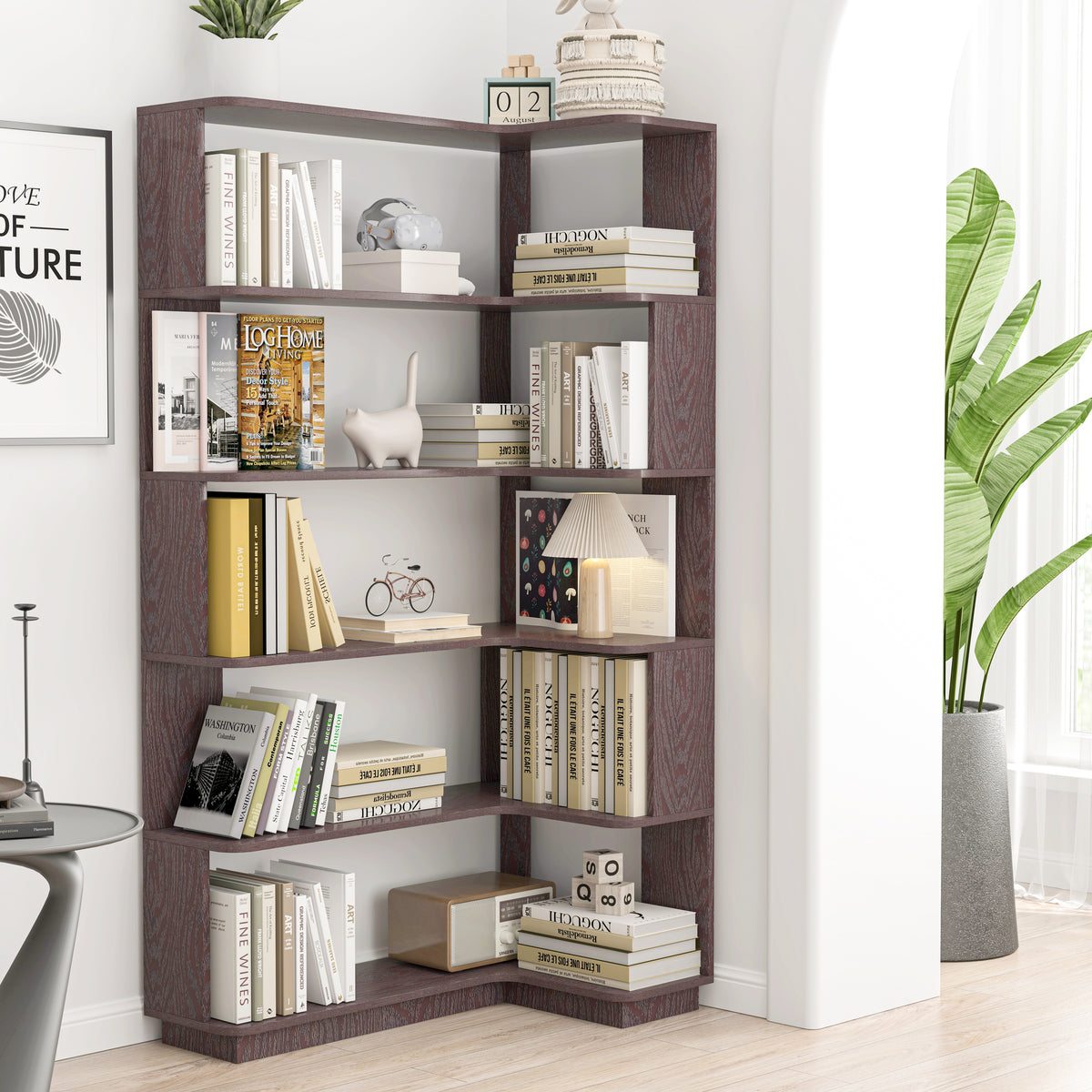 Freestanding corner bookshelf with open display shelves in ox blood red wood finish - Elirian