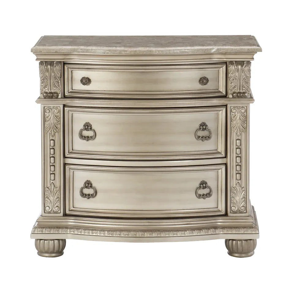 Silver Marble Top Nightstand with 3 Drawers and Classic Carved Details