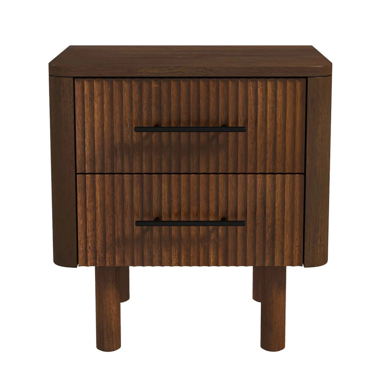 Walnut Fluted Nightstand with Two Drawers and Cross-Bar Handles