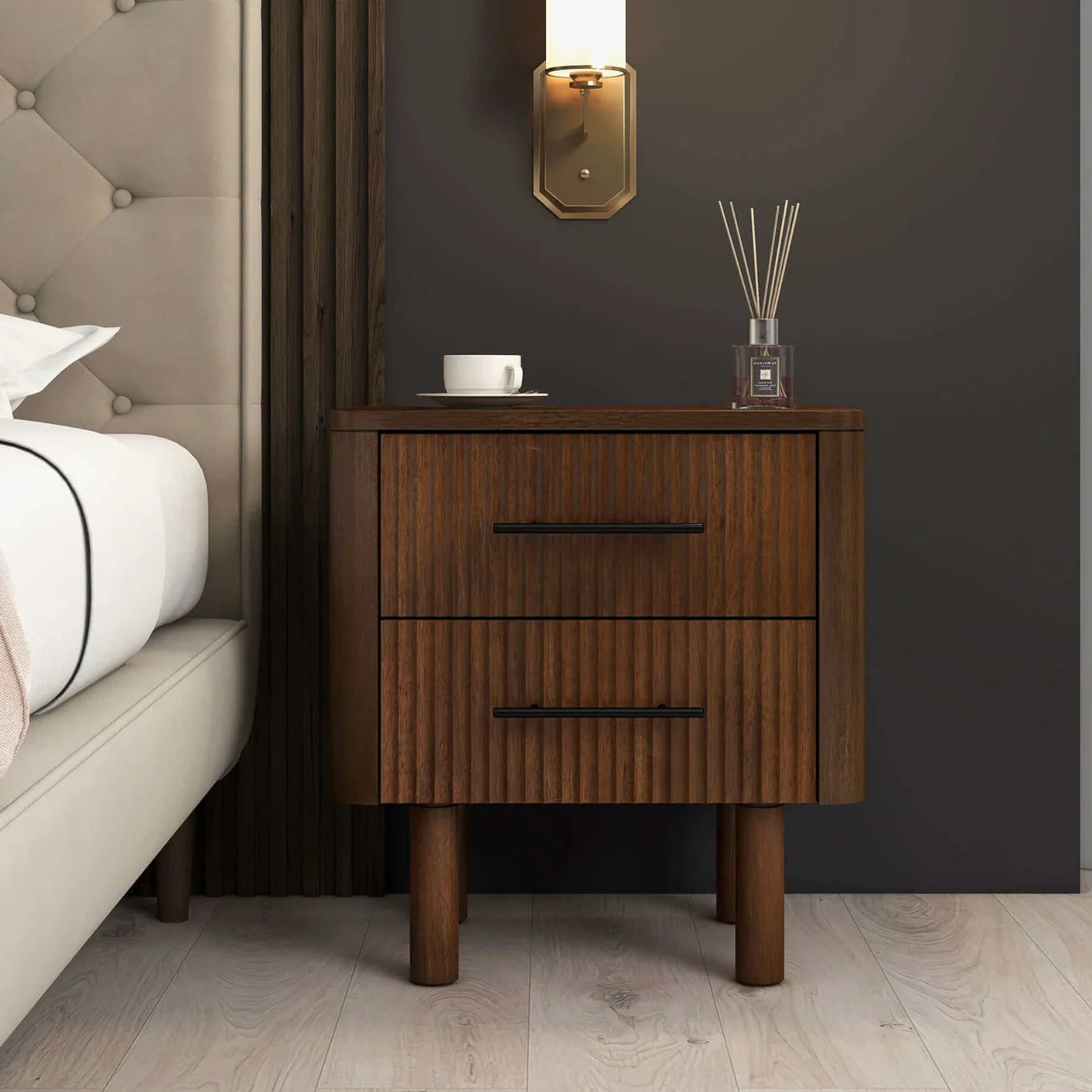 Walnut Fluted Nightstand with Two Drawers and Cross-Bar Handles