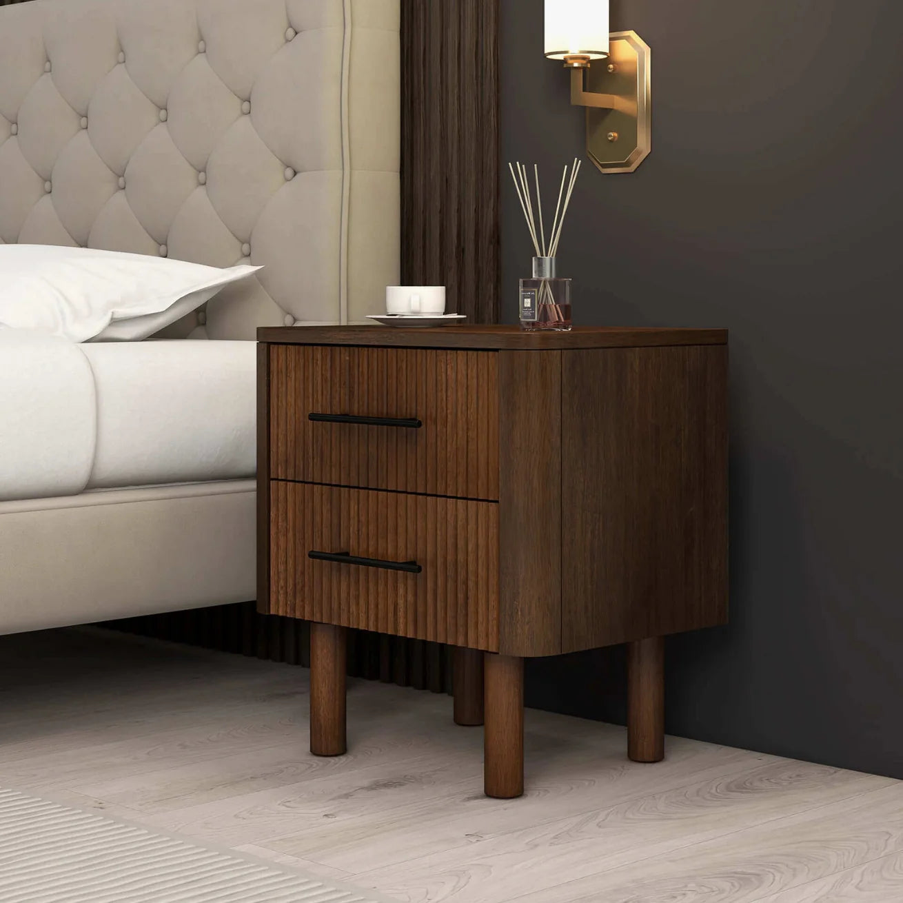 Walnut Fluted Nightstand with Two Drawers and Cross-Bar Handles