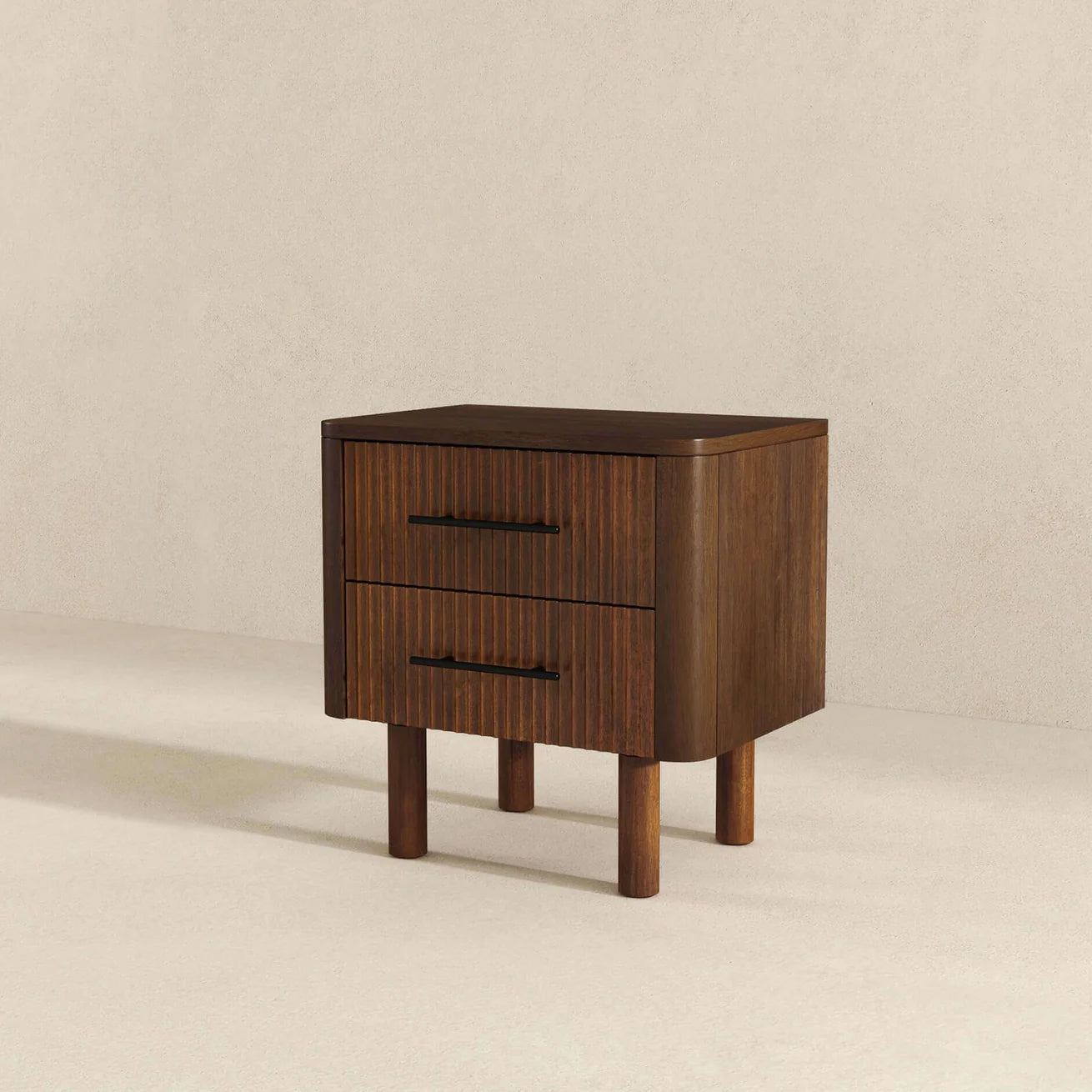 Walnut Fluted Nightstand with Two Drawers and Cross-Bar Handles