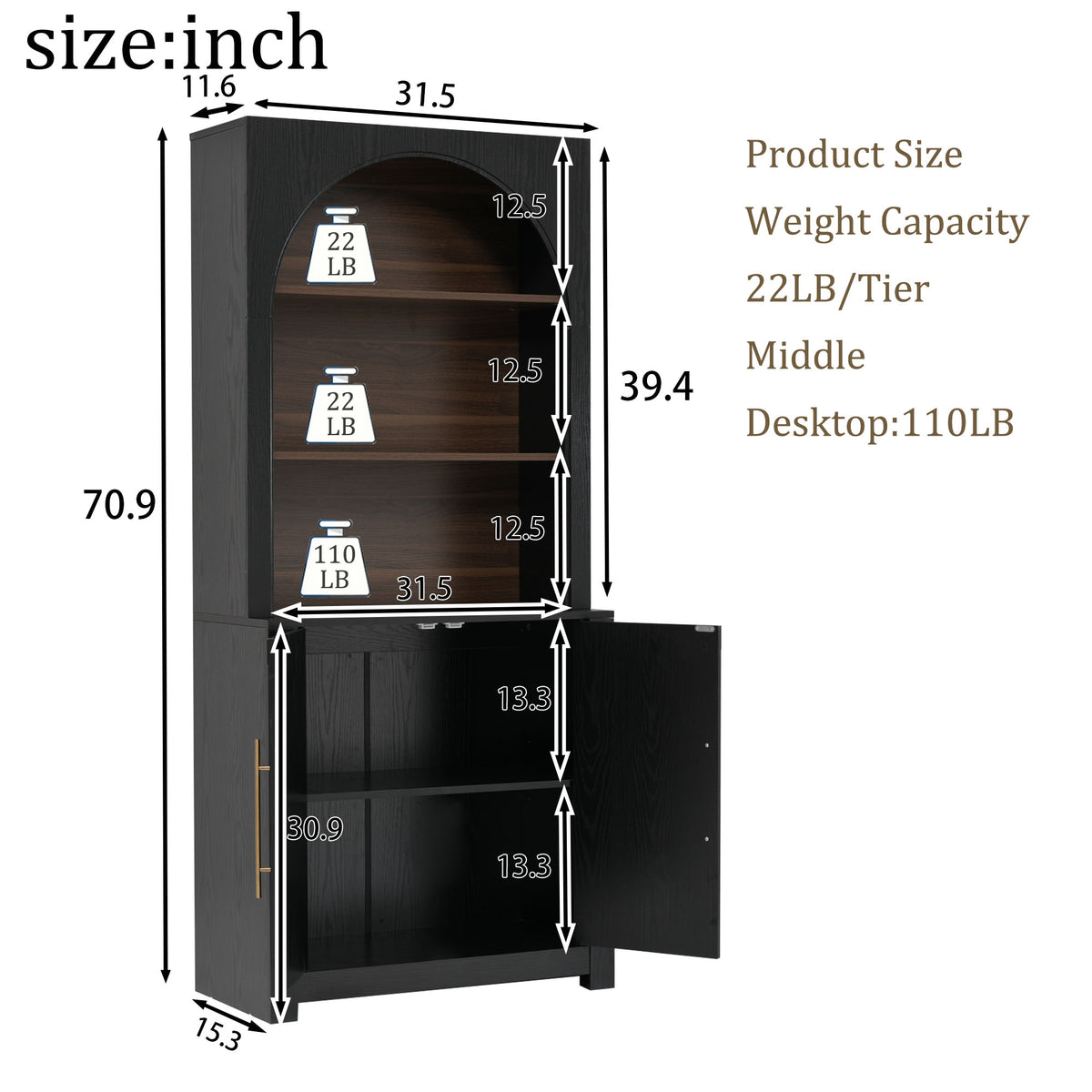 Black arched bookcase with storage cabinet, open display shelves, modern home furniture - Elirian