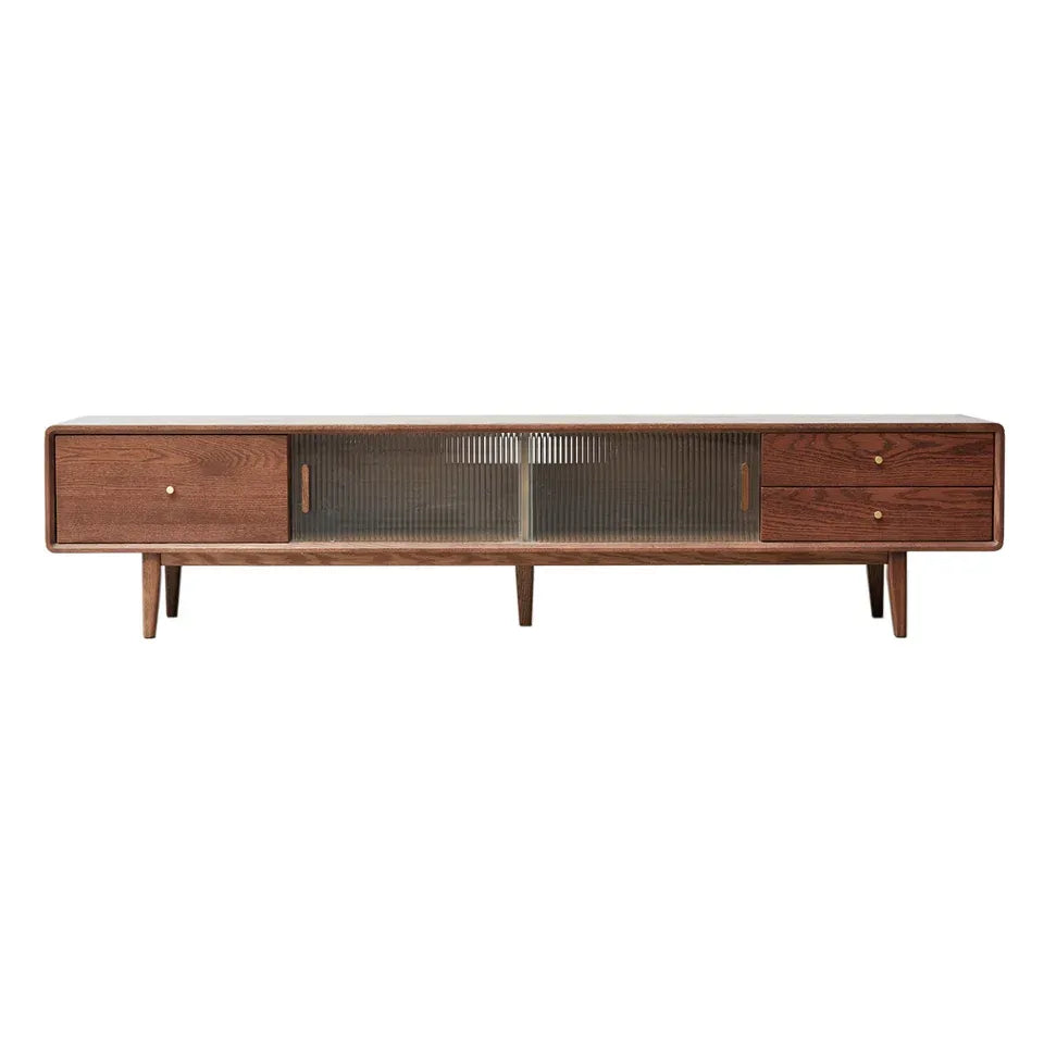 Solid Walnut TV Stand with Sliding Glass Doors &amp; 3 Drawers
