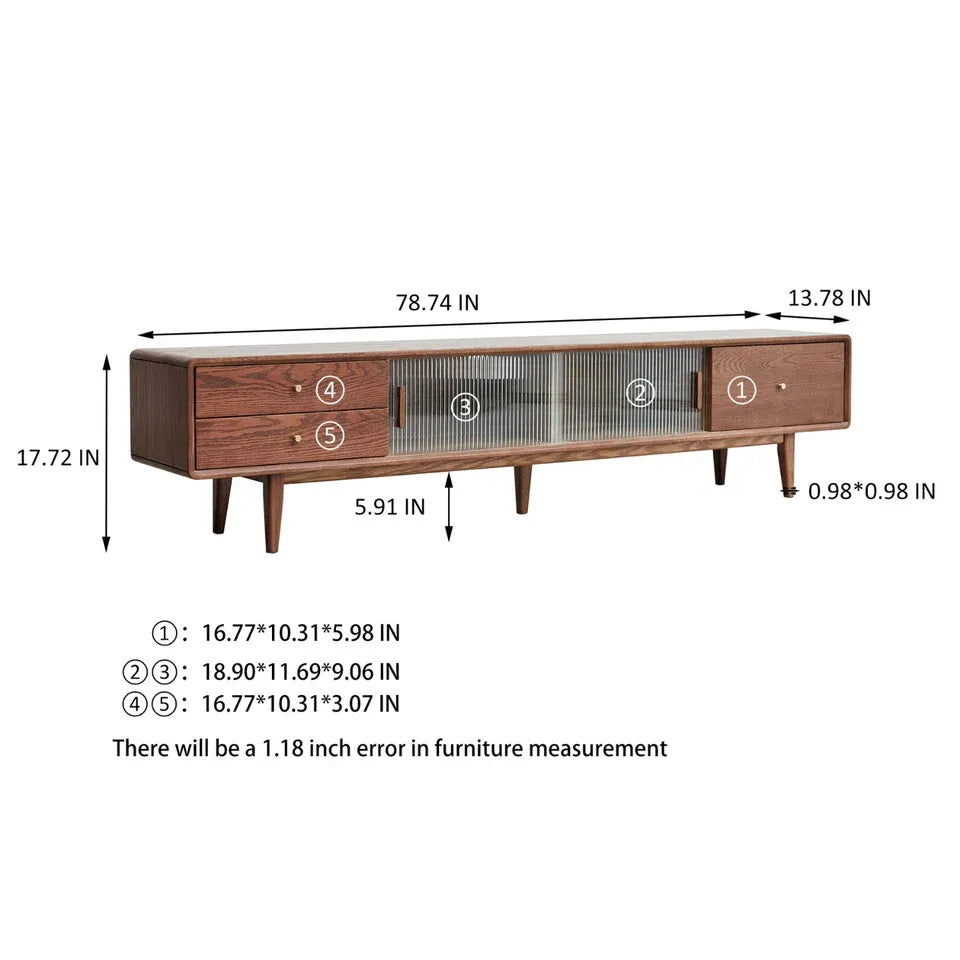 Solid Walnut TV Stand with Sliding Glass Doors &amp; 3 Drawers