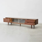 Solid Walnut TV Stand with Sliding Glass Doors &amp; 3 Drawers