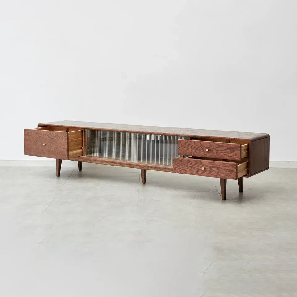 Solid Walnut TV Stand with Sliding Glass Doors &amp; 3 Drawers