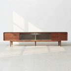 Solid Walnut TV Stand with Sliding Glass Doors &amp; 3 Drawers