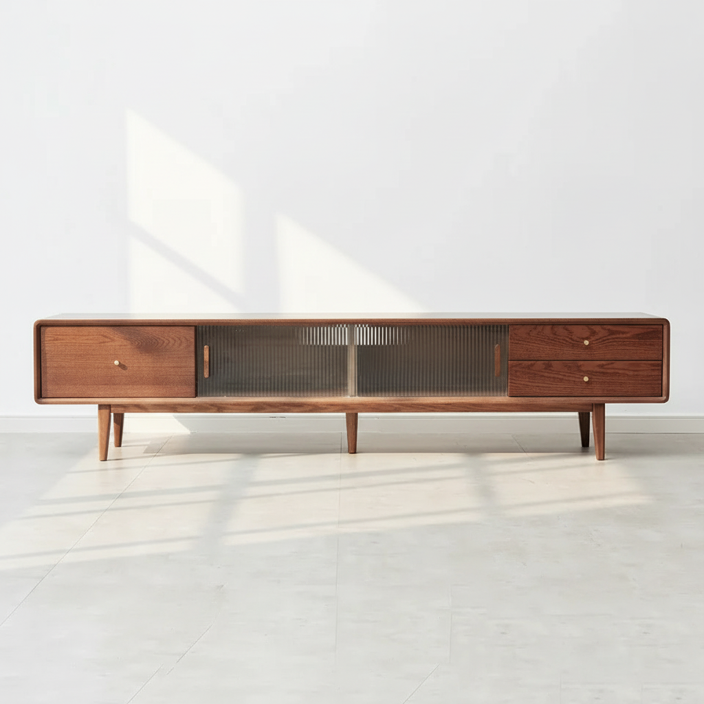 Solid Walnut TV Stand with Sliding Glass Doors &amp; 3 Drawers