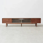 Solid Walnut TV Stand with Sliding Glass Doors &amp; 3 Drawers