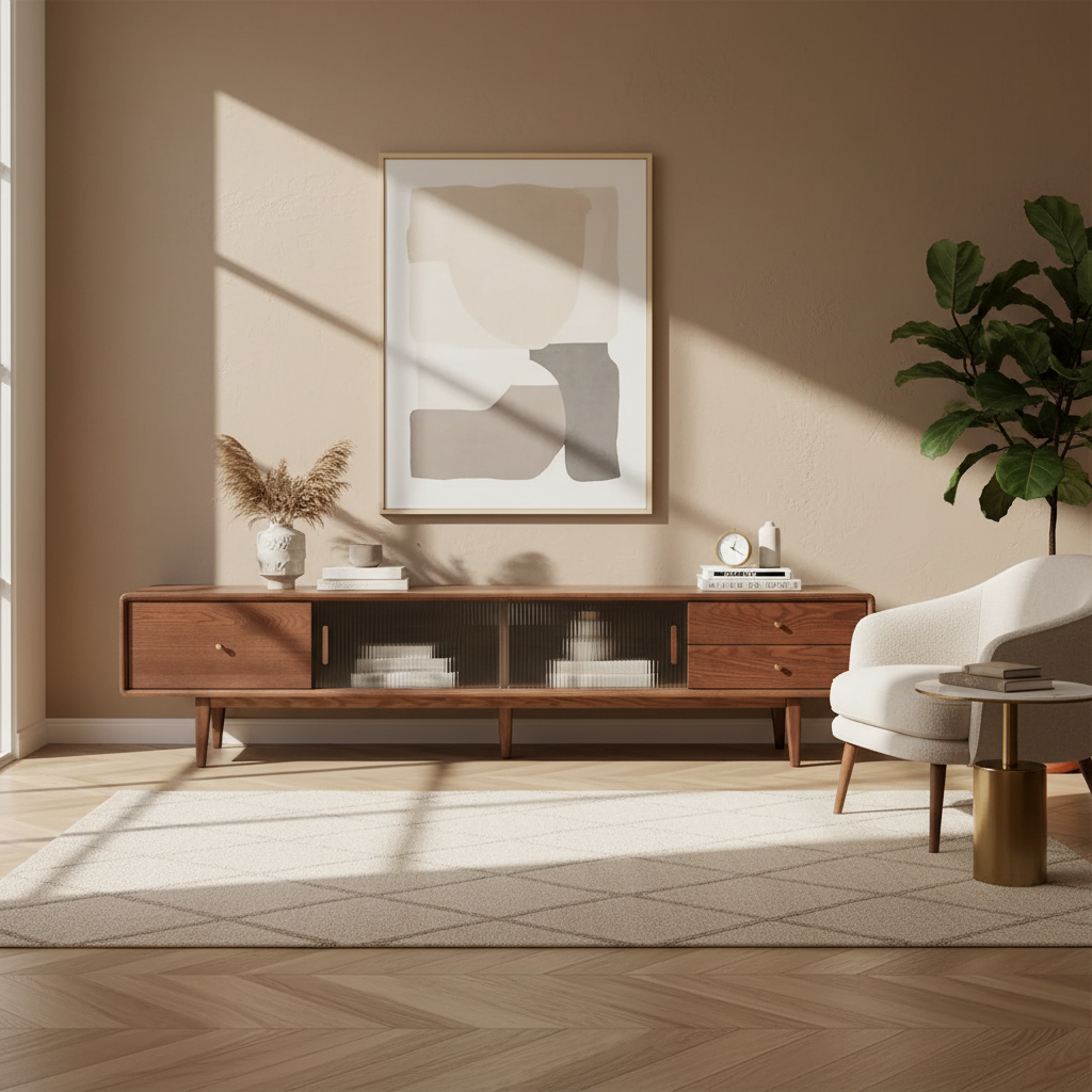 Solid Walnut TV Stand with Sliding Glass Doors &amp; 3 Drawers