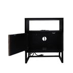 Black Brown Wood and Metal Nightstand with Built-In Power Socket