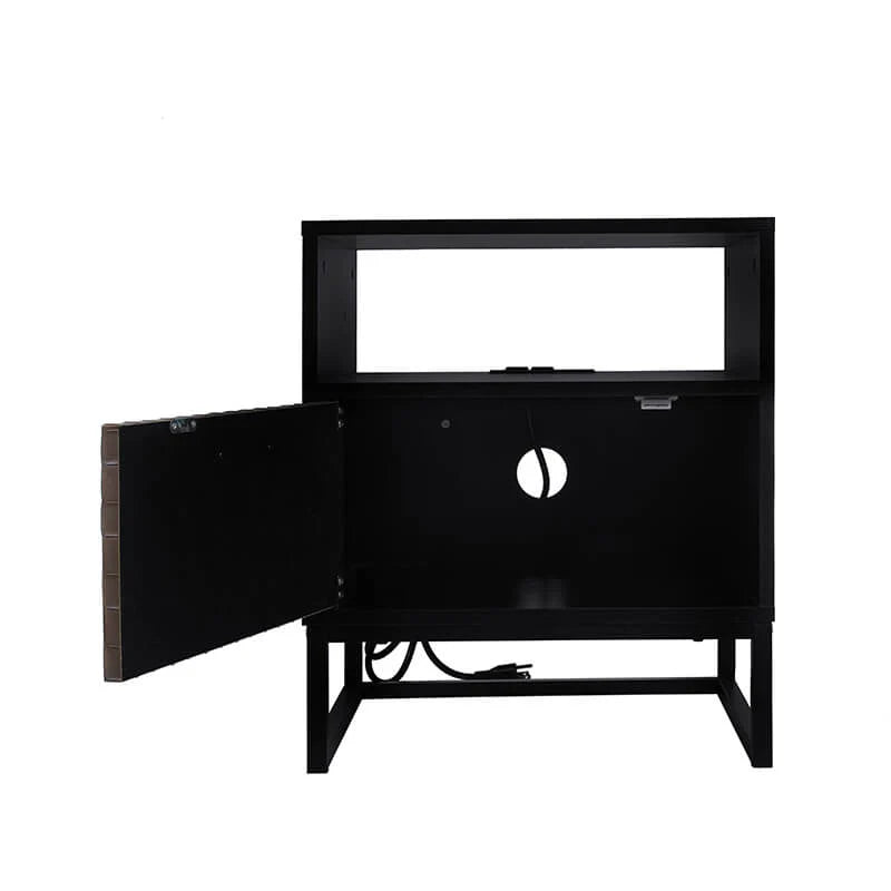 Black Brown Wood and Metal Nightstand with Built-In Power Socket
