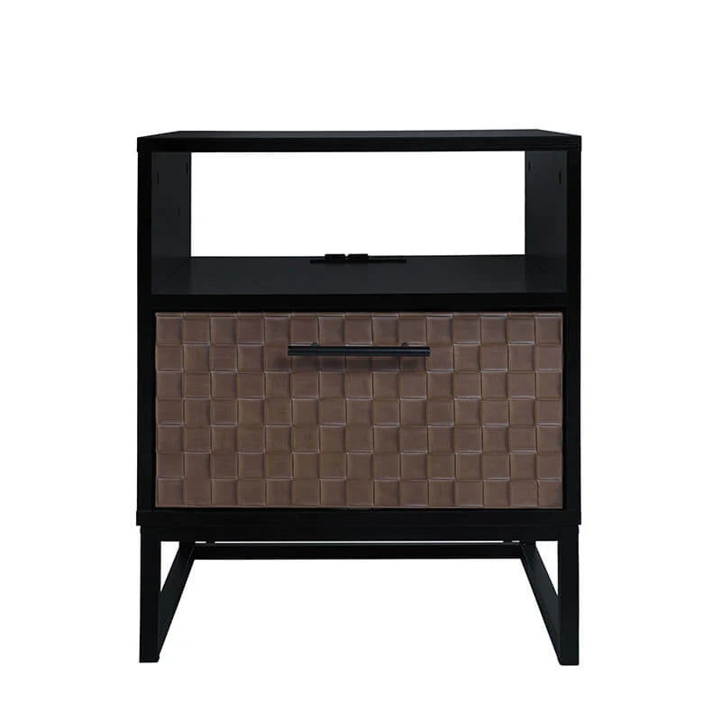 Black Brown Wood and Metal Nightstand with Built-In Power Socket