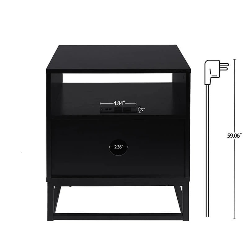 Black Brown Wood and Metal Nightstand with Built-In Power Socket