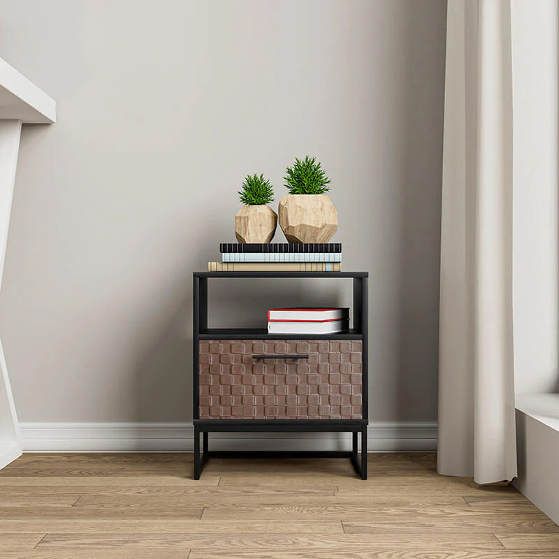 Black Brown Wood and Metal Nightstand with Built-In Power Socket
