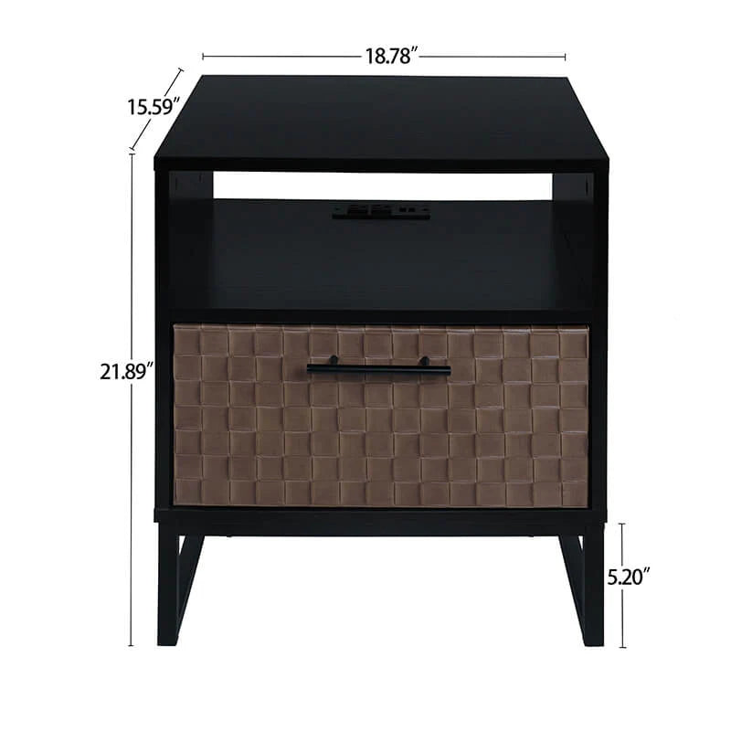 Black Brown Wood and Metal Nightstand with Built-In Power Socket