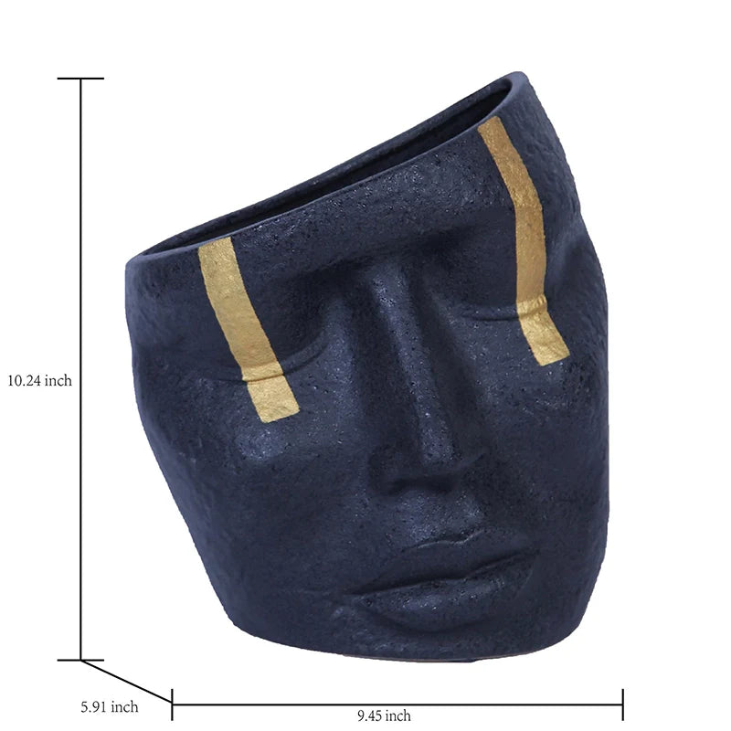 10.5" Blue Face Sculpture Ceramic Vase with Gold Accent