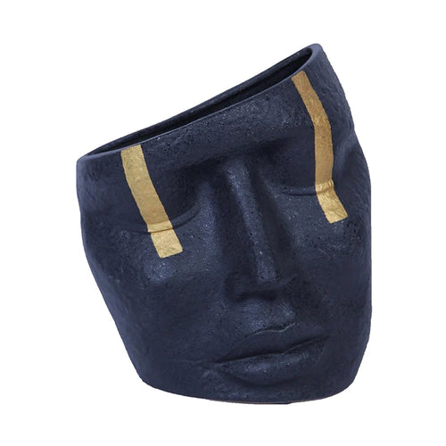 10.5" Blue Face Sculpture Ceramic Vase with Gold Accent