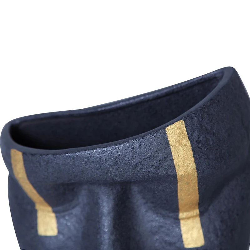 10.5" Blue Face Sculpture Ceramic Vase with Gold Accent