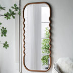 74" Brown Wood Wavy Full-Length Freestanding Floor Mirror