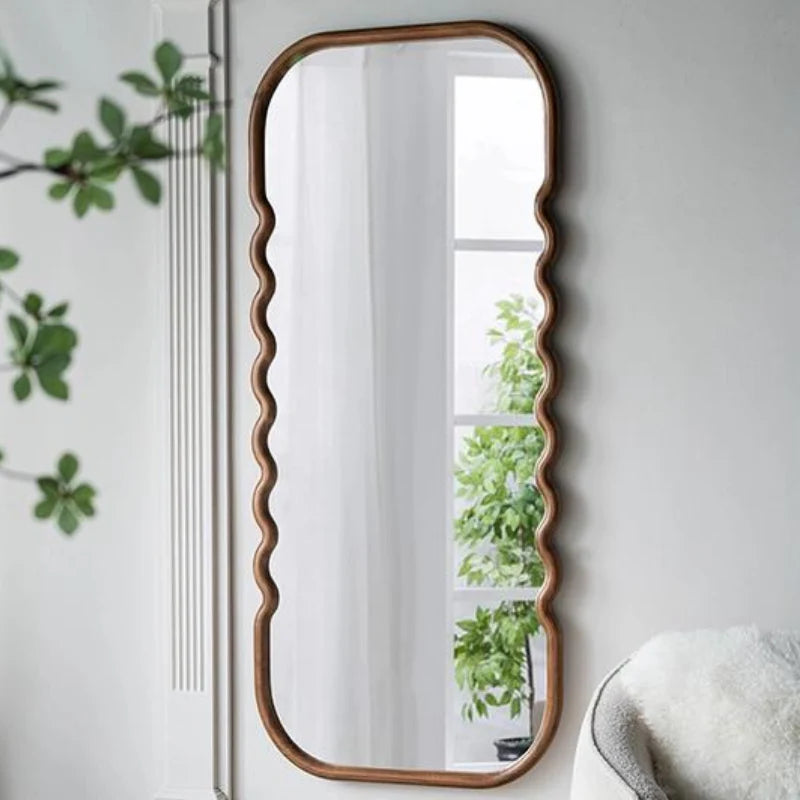 74" Brown Wood Wavy Full-Length Freestanding Floor Mirror