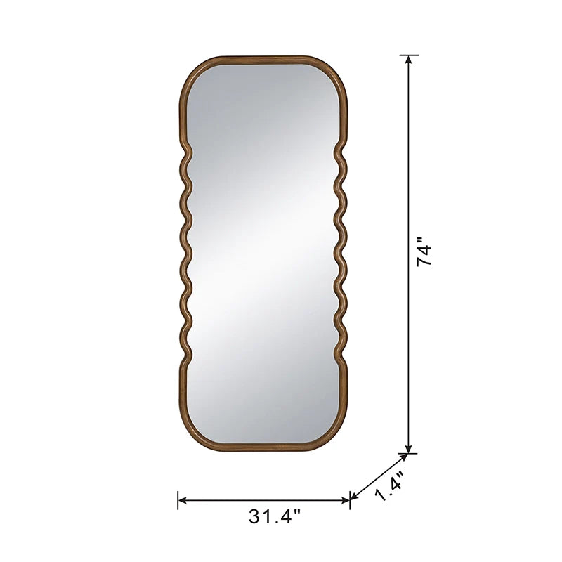74" Brown Wood Wavy Full-Length Freestanding Floor Mirror