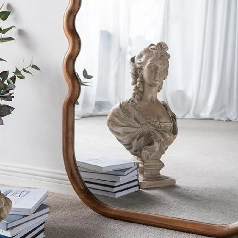 74" Brown Wood Wavy Full-Length Freestanding Floor Mirror