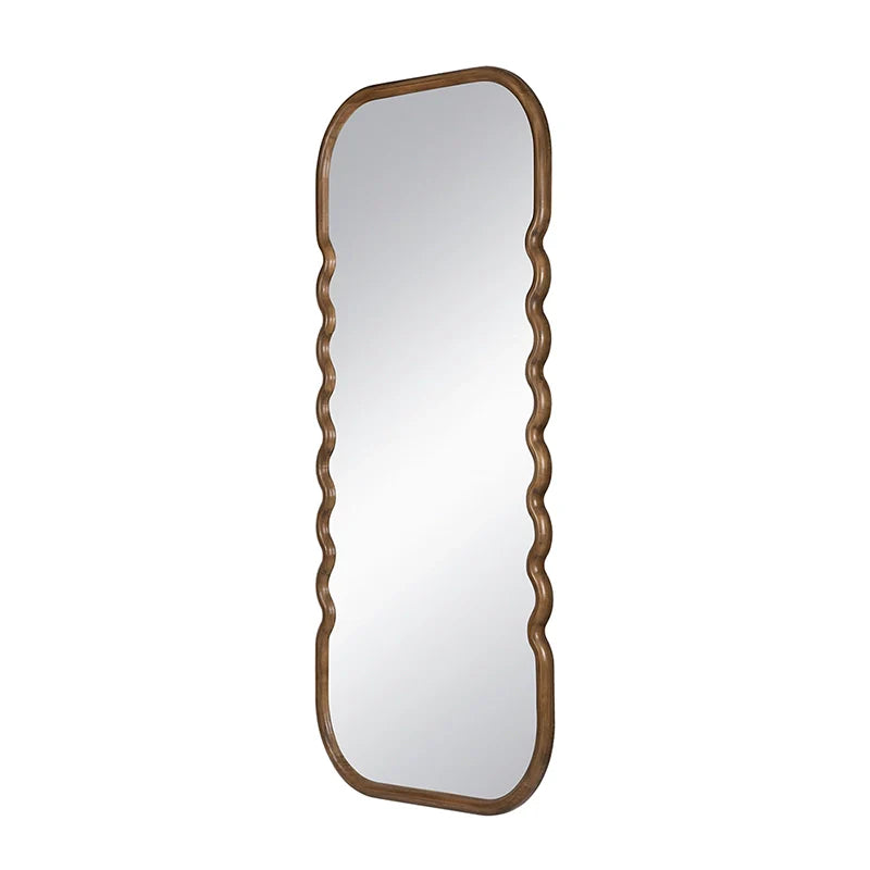 74" Brown Wood Wavy Full-Length Freestanding Floor Mirror