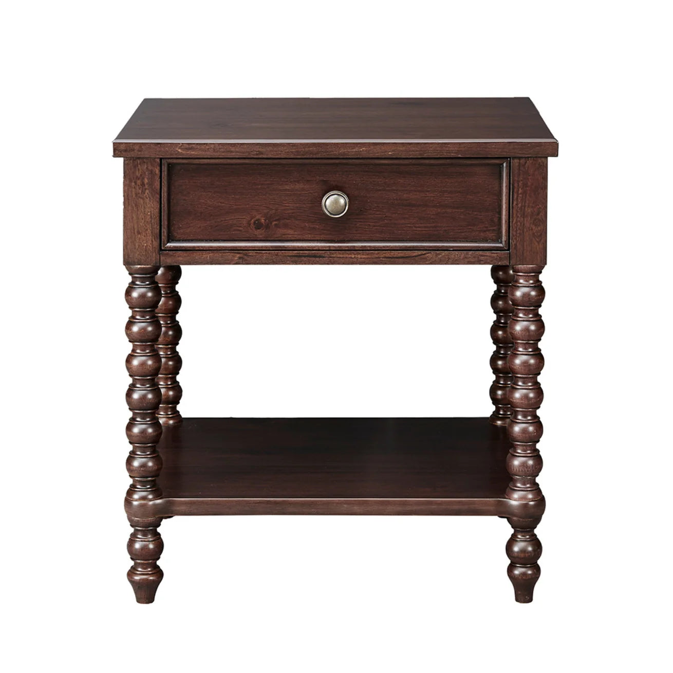 Morocco Brown Wood Nightstand with Turned Legs and Single Drawer