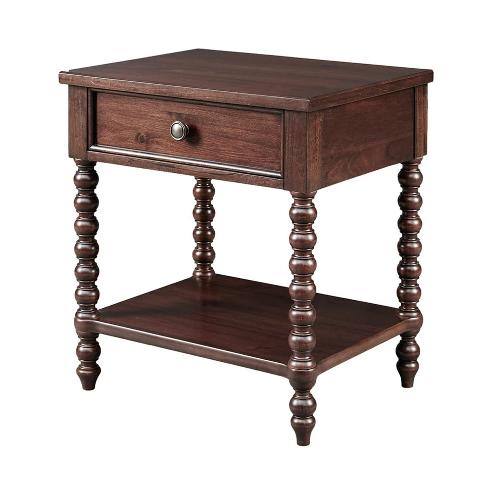 Morocco Brown Wood Nightstand with Turned Legs and Single Drawer